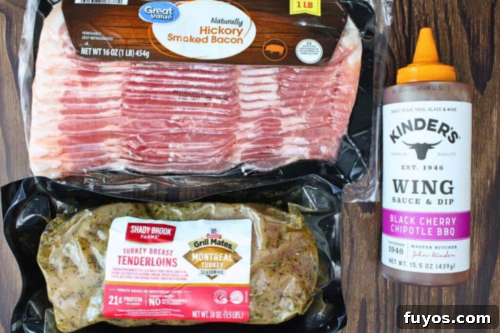 Easy Air Fryer BBQ Bacon Wrapped Turkey Tenderloin 4 ingredients to make bacon wrapped turkey tenderloin