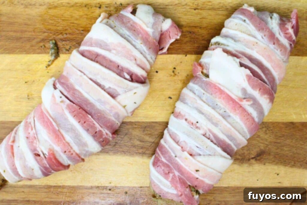 Easy Air Fryer BBQ Bacon Wrapped Turkey Tenderloin 5 wrap bacon slices around each turkey tenderloin