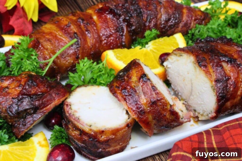 Easy Air Fryer BBQ Bacon Wrapped Turkey Tenderloin 9 closeup view of bacon wrapped turkey tenderloin slices with smoky bbq sauce and fresh garnishes