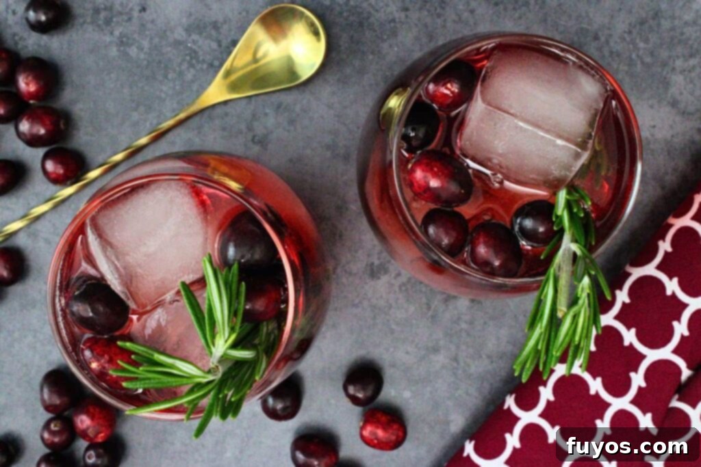 overhead view of two cranberry vodka spritz cocktails with rosemary and cranberry garnish on a dark counter