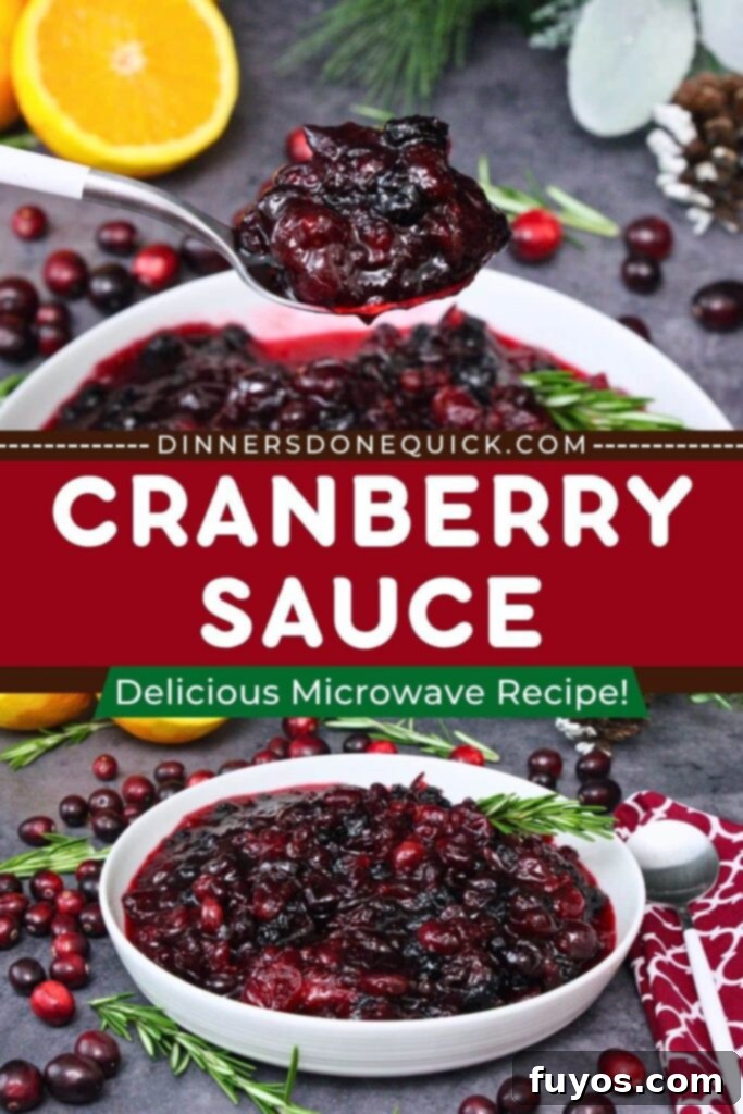 Microwave cranberry sauce recipe as a featured image for Pinterest, showing a festive serving bowl with cranberries and rosemary