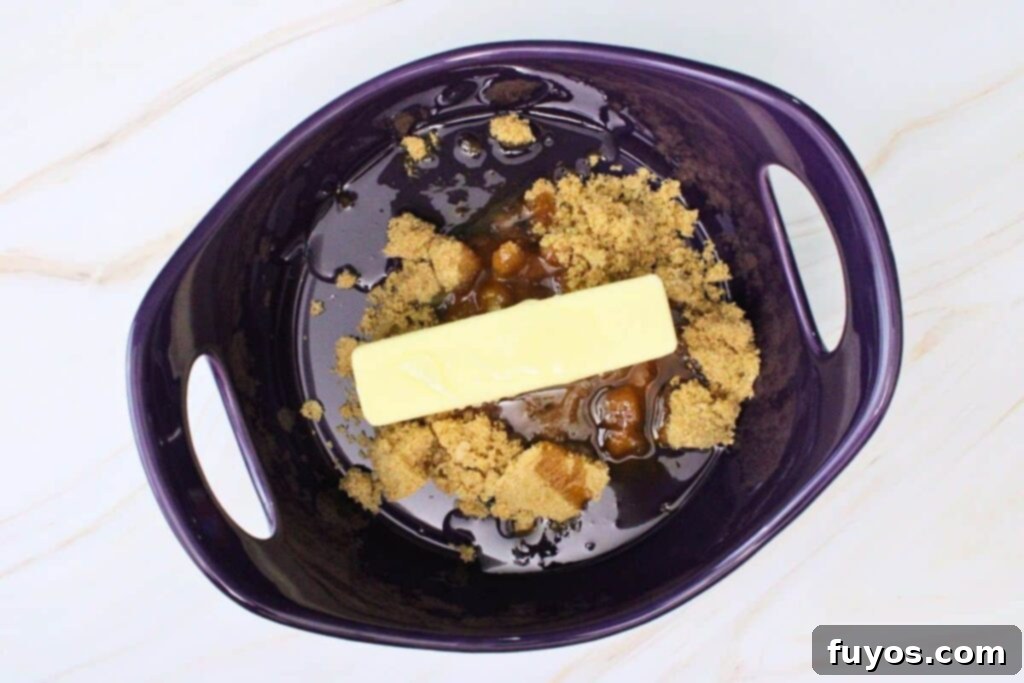 add butter, brown sugar, vanilla, and corn syrup to large microwave safe dish