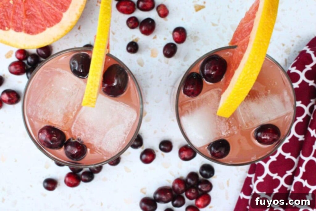 Overhead view of two Sea Breeze cocktails garnished with fresh cranberries and grapefruit slices