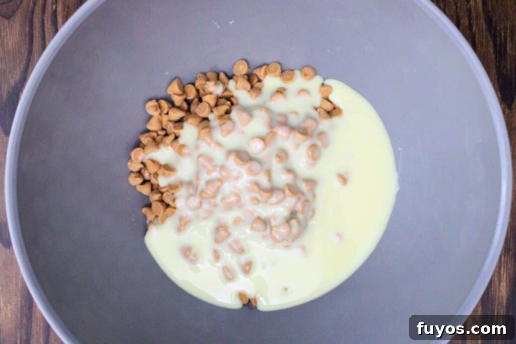 add butterscotch chips and sweetened condensed milk to a large bowl