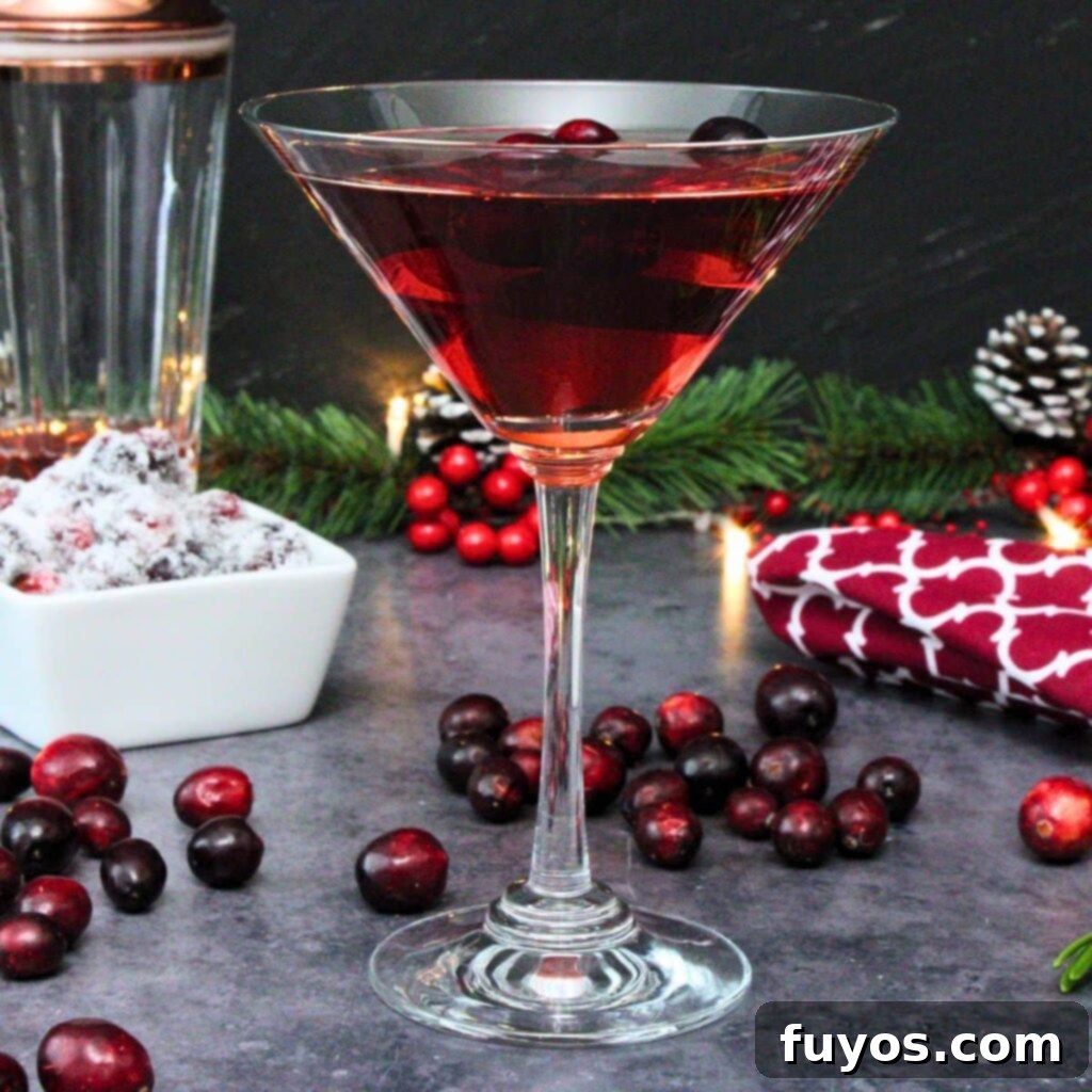 Effortless Holiday Cranberry Martini Vodka Drink 2 Vibrant Cranberry Martini in an elegant glass, perfect for holidays.