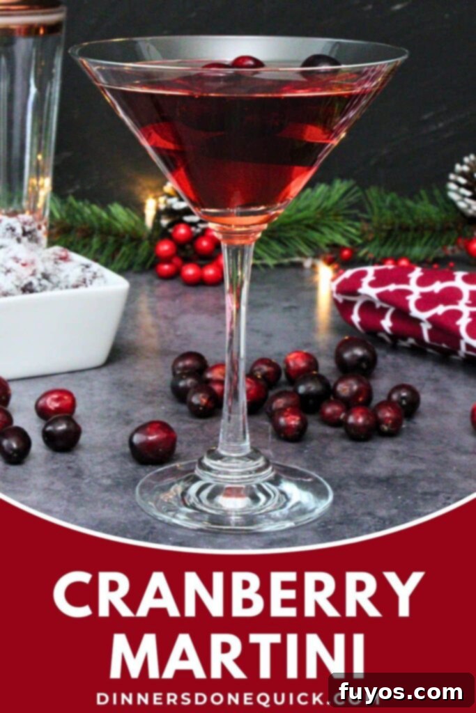 Effortless Holiday Cranberry Martini Vodka Drink 11 Cranberry Martini recipe Pinterest graphic with festive styling.