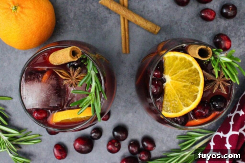 An overhead view showcasing two beautifully garnished cranberry sangria drinks, complete with fresh cranberries, orange slices, aromatic rosemary, star anise, and cinnamon sticks, highlighting the final presentation.