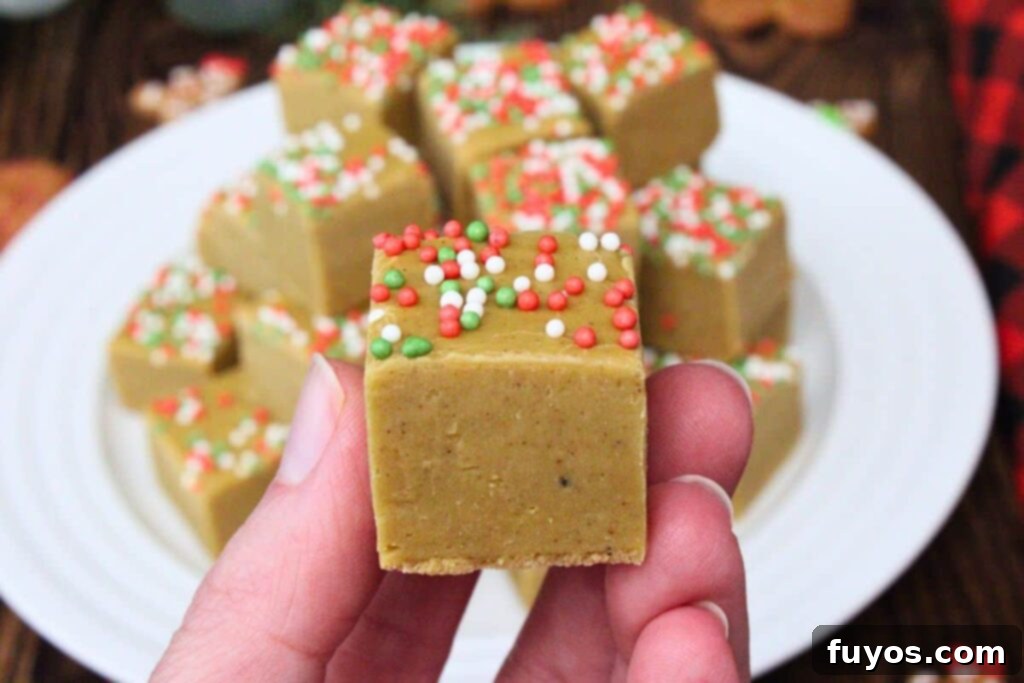Effortless Holiday Gingerbread Fudge 3 holding up a square of gingerbread fudge topped with red, white, and green sprinkles