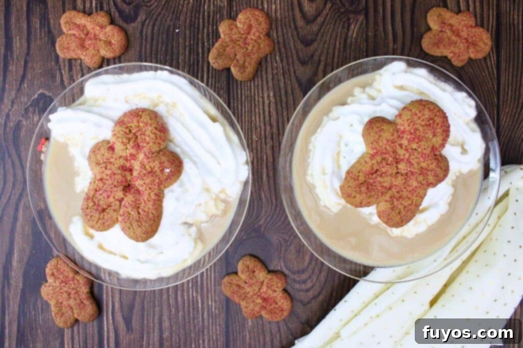 overhead view of two outback steakhouse copycat gingerbread martinis with whipped cream and gingerbread man cookies