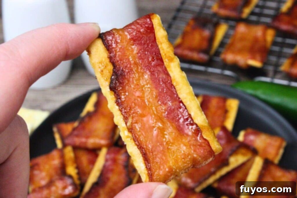 Crispy Air Fryer Bacon Bites: The Perfect Party Snack 3 Close up shot of a maple bacon cracker showcasing sweet, salty, and crunchy appetizer
