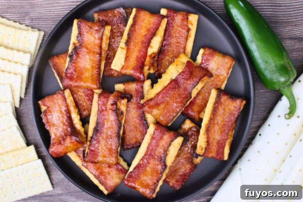 Crispy Air Fryer Bacon Bites: The Perfect Party Snack 8 Overhead view of bacon crackers on a black plate surrounded by club crackers and a jalapeno