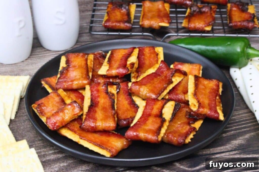 Crispy Air Fryer Bacon Bites: The Perfect Party Snack 9 black plate stacked with air fryer bacon crackers on a wooden table with more club crackers