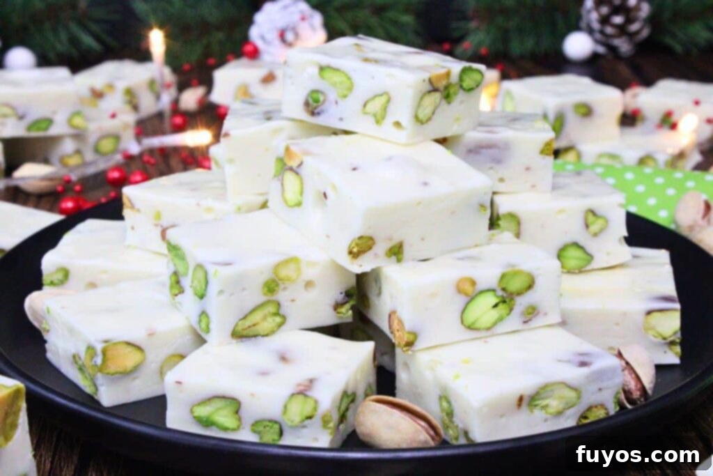 Pistachio nougat squares stacked on a plate