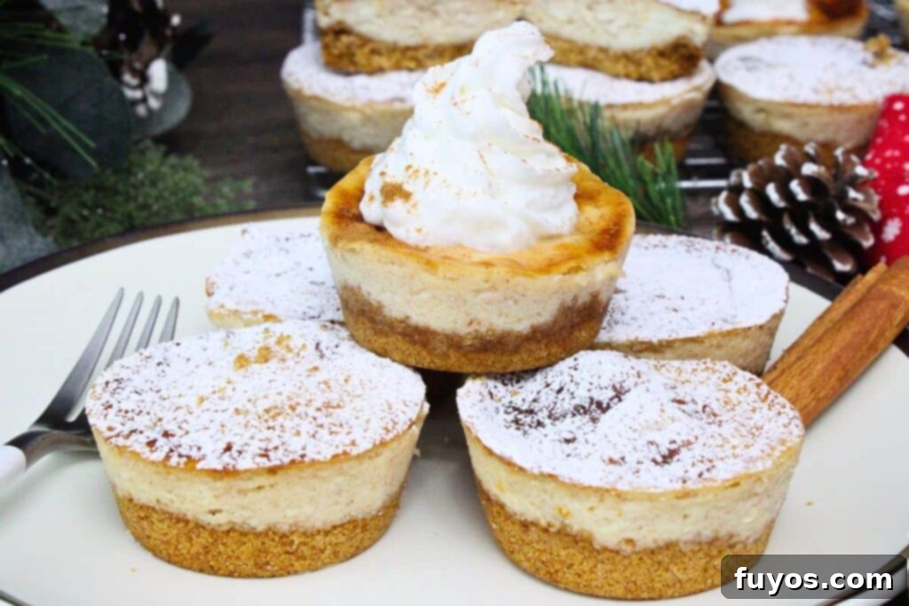 Mini eggnog cheesecakes dusted with powdered sugar with one stacked on top with whipped cream swirl