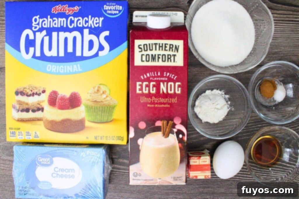 Ingredients to make mini eggnog cheesecakes