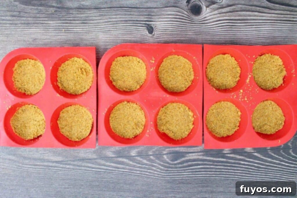 Spread graham cracker mixture across muffin cups and press down firmly