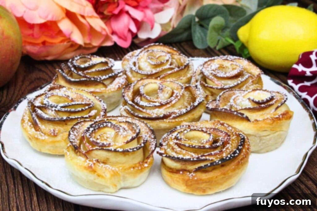 Plate of air fryer apple roses sprinkled with powdered sugar