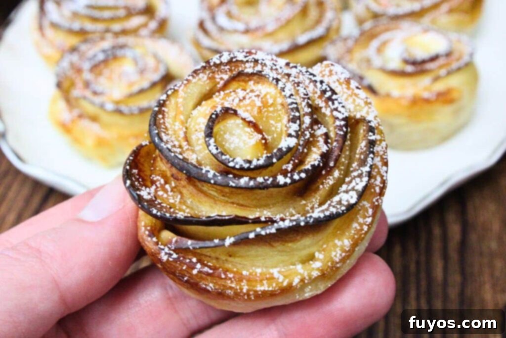 Puff pastry apple rose dusted with powdered sugar, ready to enjoy