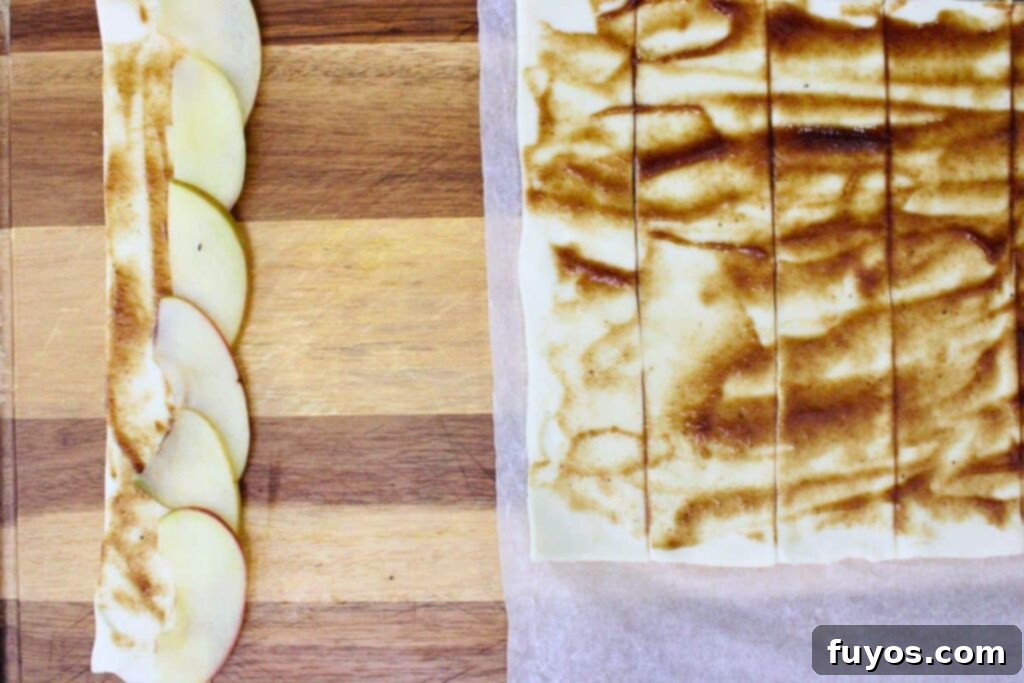 Spread apple butter across dough strips and place apple slices for roses