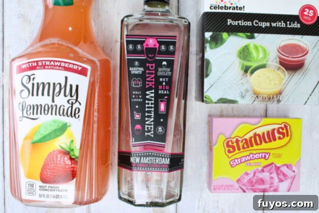 Ingredients to make Pink Whitney Jello shots