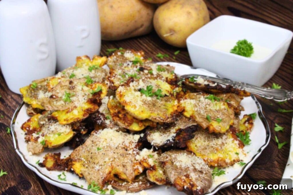 Air Fryer Smashed Potatoes with Garlic Parmesan Goodness 3 Plate of air fryer smashed potatoes topped with parmesan cheese and parley in front of ranch dipping sauce