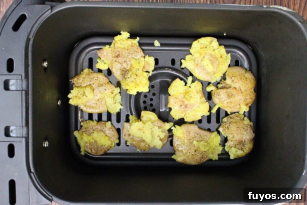 Air Fryer Smashed Potatoes with Garlic Parmesan Goodness 7 Place seasoned smashed potatoes in air fryer basket