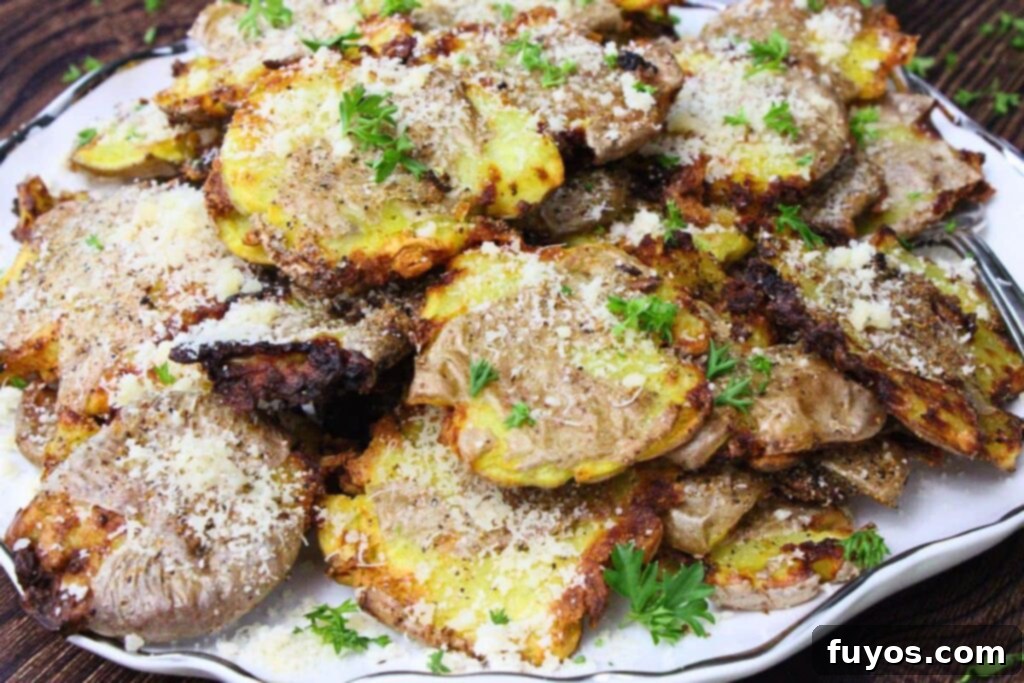 Air Fryer Smashed Potatoes with Garlic Parmesan Goodness 9 Closeup view of air fryer smashed potatoes topped with parmesan and parsley on a white plate