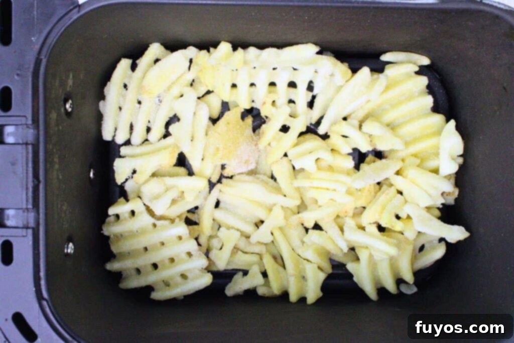 Add frozen waffle fries to air fryer basket