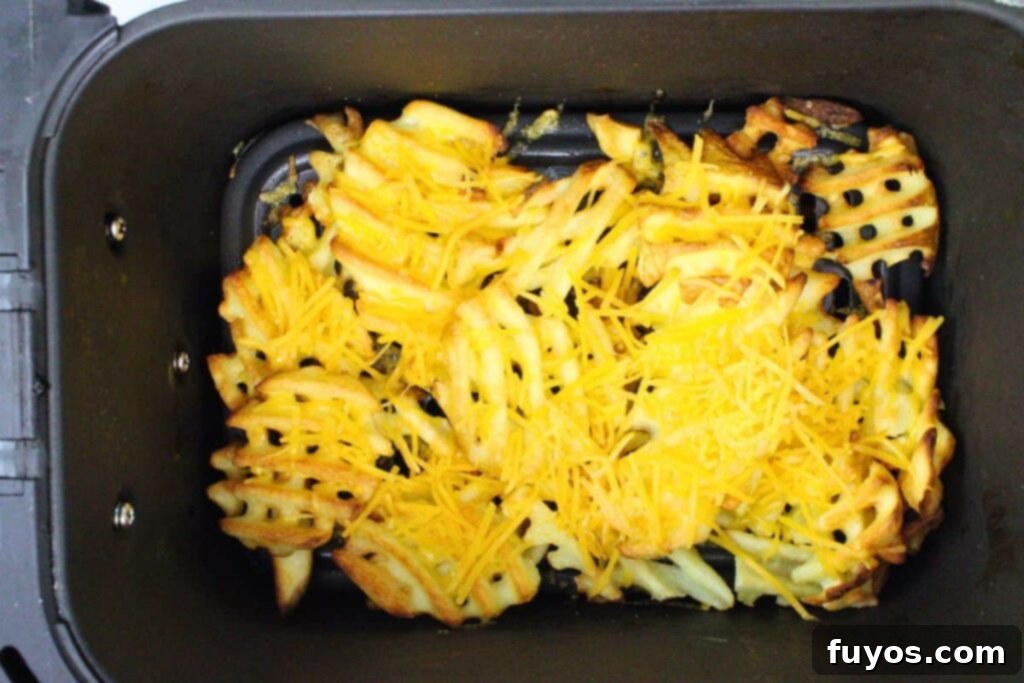 Sprinkle shredded cheese over waffle fries and air fry until melted