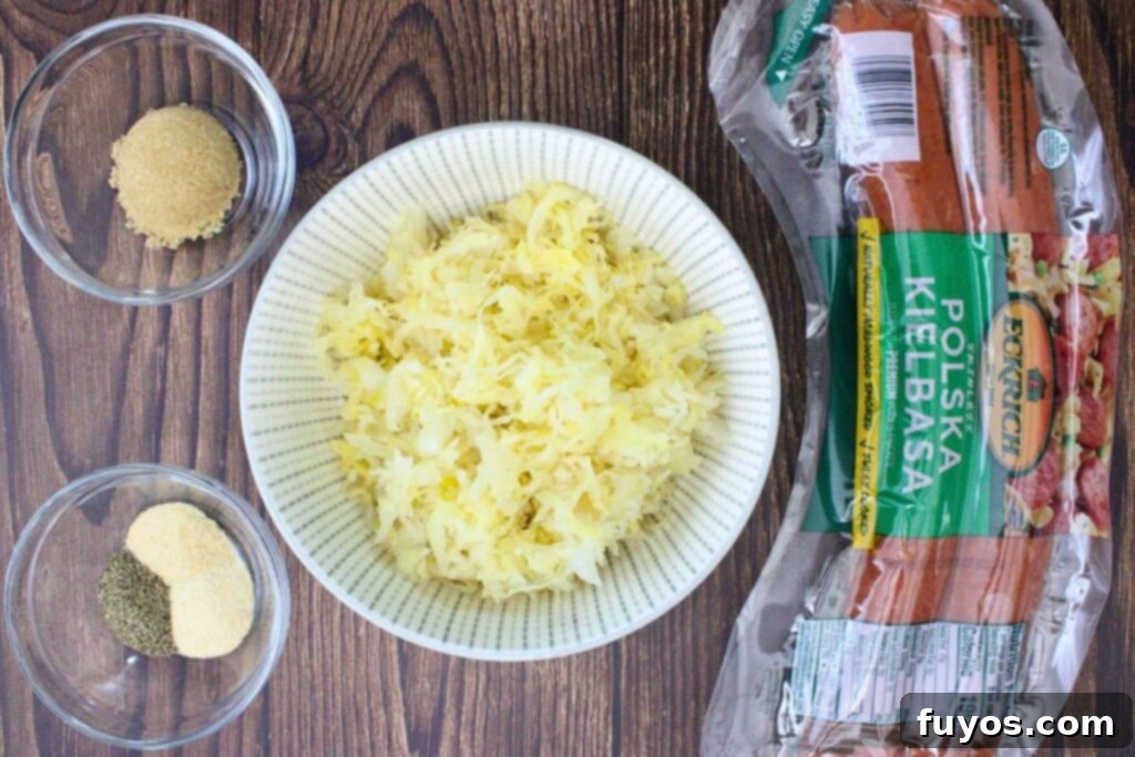 Ingredients to make kielbasa and sauerkraut