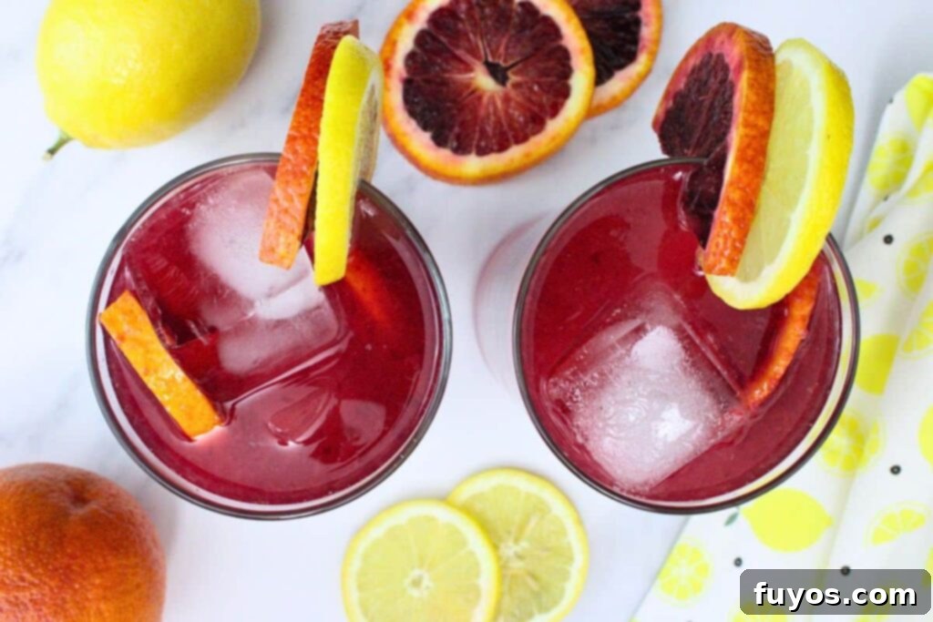 Blood Orange Vodka Lemonade Bliss 7 Two blood orange vodka lemonade drinks garnished with blood orange and lemon, ready to enjoy
