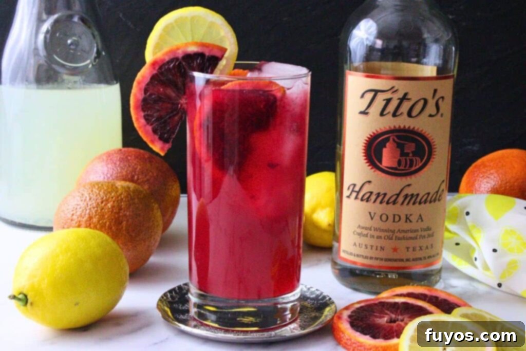 Blood Orange Vodka Lemonade Bliss 8 Blood orange vodka lemonade drink garnished with blood orange and lemon next to a vodka bottle