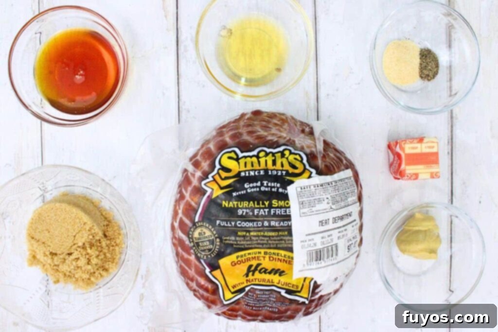 Ingredients to make small glazed ham in the air fryer