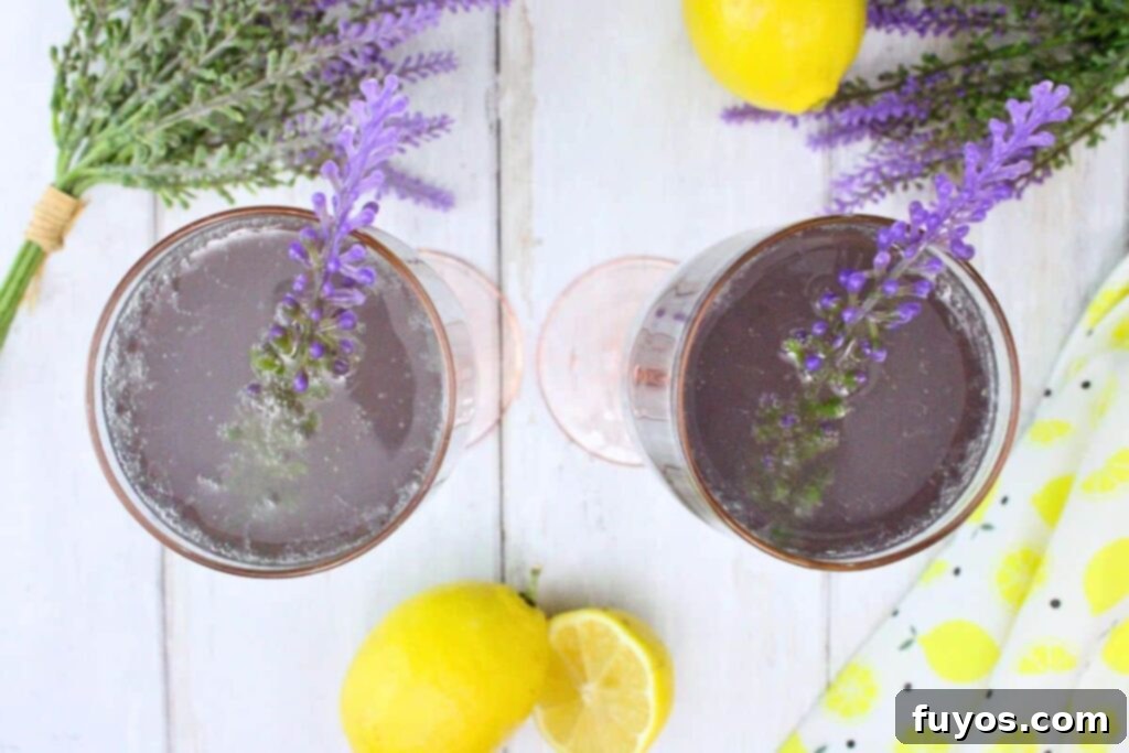 Lavender French 75: A Bubbly Spring Awakening 7 overhead view of two lavender french 75 drinks garnished with lavender sprig on white wooden table