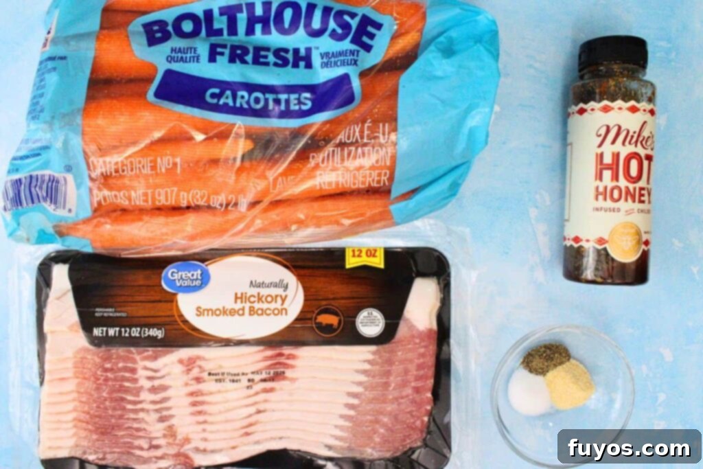 Air Fryer Bacon-Wrapped Carrots Drizzled with Hot Honey 4 Ingredients to make bacon wrapped carrots