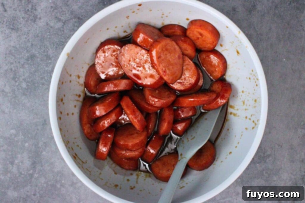 Air Fryer Kielbasa Bites: Sweet & Smoky Sensation 7 Kielbasa in BBQ jelly glaze