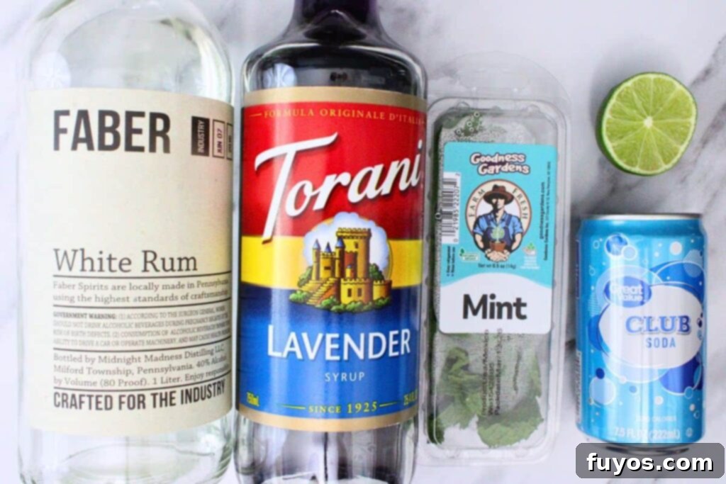 Lavender Mojito: Aromatic Spring Refresher 4 Ingredients to make a lavender mojito, showcasing the fresh mint, limes, rum, and lavender syrup.