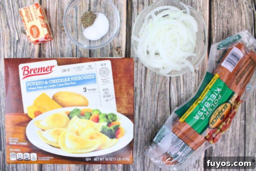 Ingredients to make kielbasa and pierogies